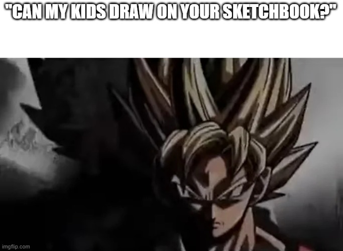 NO | "CAN MY KIDS DRAW ON YOUR SKETCHBOOK?" | image tagged in goku staring,memes,sketch,annoying people | made w/ Imgflip meme maker