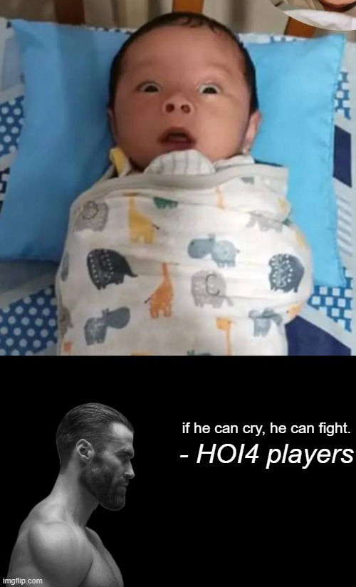 scraping the barrel be like: | if he can cry, he can fight. - HOI4 players | image tagged in new born,hoi4 | made w/ Imgflip meme maker