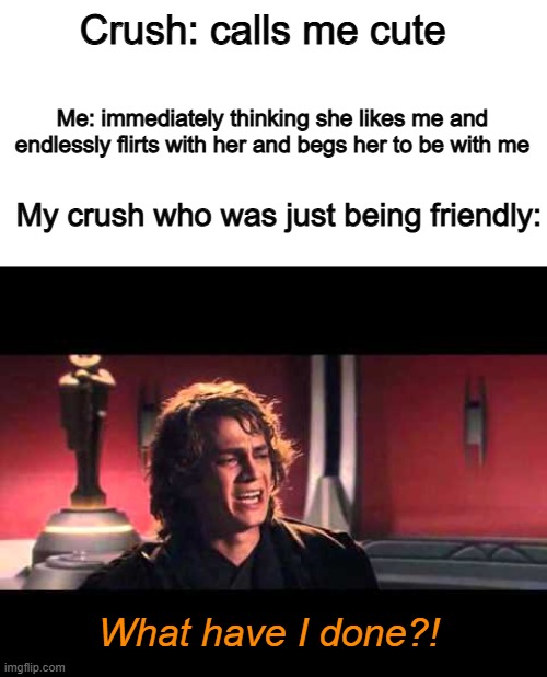 one of the worst feelings: when you think she's flirting but she was just being friendly | Crush: calls me cute; Me: immediately thinking she likes me and endlessly flirts with her and begs her to be with me; My crush who was just being friendly:; What have I done?! | image tagged in anakin what have i done,friends,flirting,flirt,signal,flirty | made w/ Imgflip meme maker