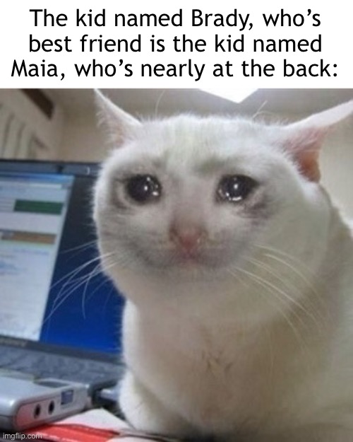 The kid named Brady, who’s best friend is the kid named Maia, who’s nearly at the back: | image tagged in crying cat | made w/ Imgflip meme maker