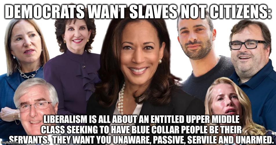 DEMOCRATS WANT SLAVES NOT CITIZENS:; LIBERALISM IS ALL ABOUT AN ENTITLED UPPER MIDDLE CLASS SEEKING TO HAVE BLUE COLLAR PEOPLE BE THEIR SERVANTS.  THEY WANT YOU UNAWARE, PASSIVE, SERVILE AND UNARMED. | made w/ Imgflip meme maker