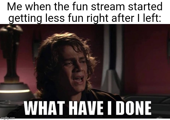 Anakin what have i done | Me when the fun stream started getting less fun right after I left: | image tagged in anakin what have i done | made w/ Imgflip meme maker