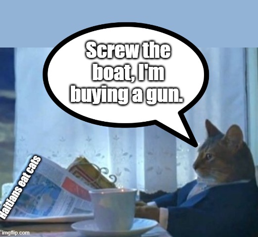 I Should Buy A Boat Cat | Screw the boat, I'm buying a gun. Haitians eat cats | image tagged in memes,i should buy a boat cat | made w/ Imgflip meme maker