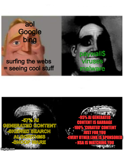 Mr.Trauma | surfing the webs = seeing cool stuff -57% AI GENERATED CONTENT
-SKEWED SEARCH 
ALGORITHMS
-SNOOP WARE aol
Google
bing paywall$
viruses
malwa | image tagged in mr trauma | made w/ Imgflip meme maker