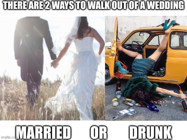 THERE ARE 2 WAYS TO WALK OUT OF A WEDDING; MARRIED       OR        DRUNK | made w/ Imgflip meme maker