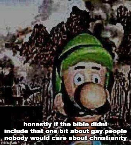 luigi yard stare | honestly if the bible didnt include that one bit about gay people nobody would care about christianity | image tagged in luigi yard stare | made w/ Imgflip meme maker