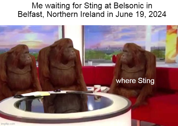 Where are you now, mi amigo? | Me waiting for Sting at Belsonic in Belfast, Northern Ireland in June 19, 2024; where Sting | image tagged in where monkey,sting,the police | made w/ Imgflip meme maker