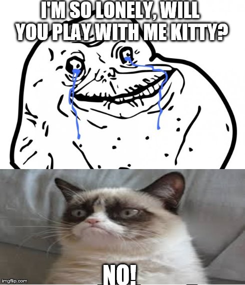 Forever Alone | I'M SO LONELY, WILL YOU PLAY WITH ME KITTY? NO! | image tagged in forever alone | made w/ Imgflip meme maker