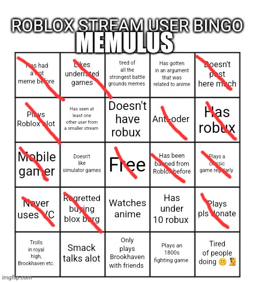 Roblox stream user bingo | MEMULUS | image tagged in roblox stream user bingo | made w/ Imgflip meme maker