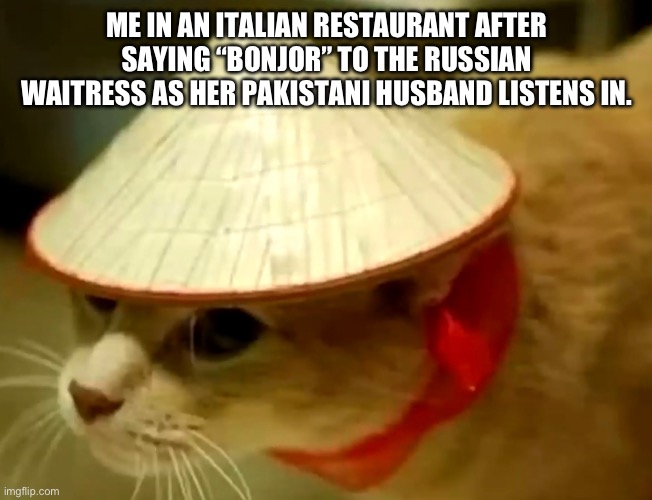 German | ME IN AN ITALIAN RESTAURANT AFTER SAYING “BONJOR” TO THE RUSSIAN WAITRESS AS HER PAKISTANI HUSBAND LISTENS IN. | image tagged in memes | made w/ Imgflip meme maker