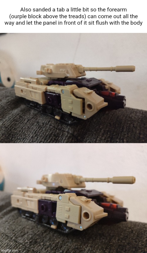 Also sanded a tab a little bit so the forearm (ourple block above the treads) can come out all the way and let the panel in front of it sit flush with the body | made w/ Imgflip meme maker