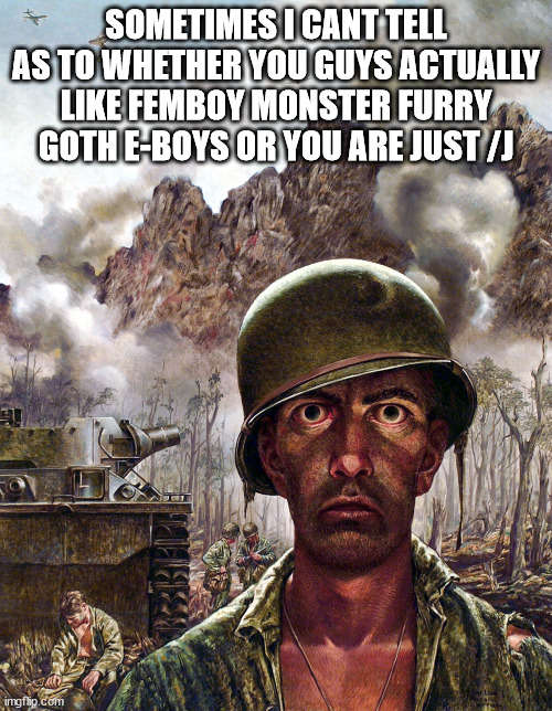 1000 yard stare | SOMETIMES I CANT TELL AS TO WHETHER YOU GUYS ACTUALLY LIKE FEMBOY MONSTER FURRY GOTH E-BOYS OR YOU ARE JUST /J | image tagged in 1000 yard stare | made w/ Imgflip meme maker