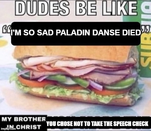 And you can quicksave, stop whining about it! | I'M SO SAD PALADIN DANSE DIED; YOU CHOSE NOT TO TAKE THE SPEECH CHECK | image tagged in dudes be like x my brother in christ y,memes,gaming,fallout,fallout 4 | made w/ Imgflip meme maker