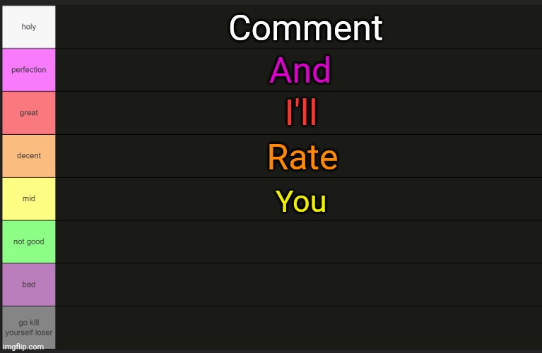 Ayden's tier list | Comment; And; I'll; Rate; You | image tagged in ayden's tier list | made w/ Imgflip meme maker