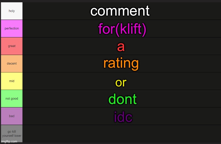 Ayden's tier list | comment; for(klift); a; rating; or; dont; idc | image tagged in ayden's tier list | made w/ Imgflip meme maker