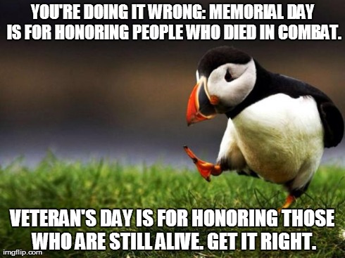 Unpopular Opinion Puffin | YOU'RE DOING IT WRONG: MEMORIAL DAY IS FOR HONORING PEOPLE WHO DIED IN COMBAT. VETERAN'S DAY IS FOR HONORING THOSE WHO ARE STILL ALIVE. GET  | image tagged in memes,unpopular opinion puffin | made w/ Imgflip meme maker