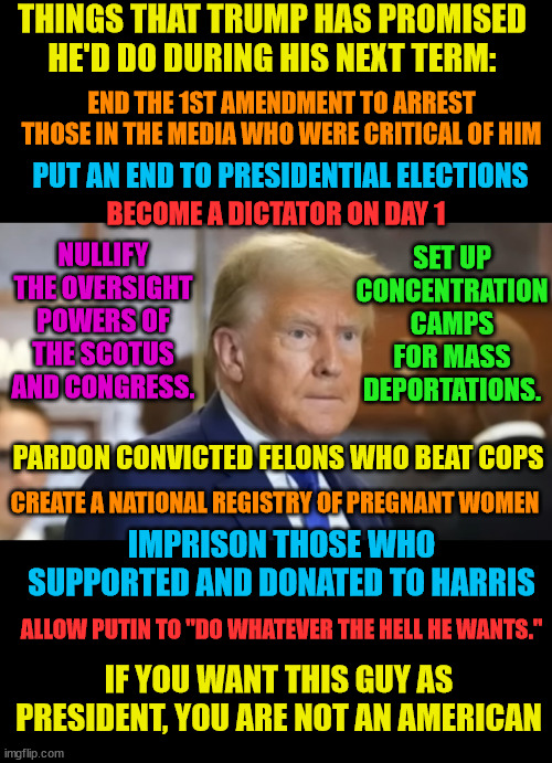 Amazing the things that the cult will ignore on purpose. | THINGS THAT TRUMP HAS PROMISED HE'D DO DURING HIS NEXT TERM:; END THE 1ST AMENDMENT TO ARREST THOSE IN THE MEDIA WHO WERE CRITICAL OF HIM; PUT AN END TO PRESIDENTIAL ELECTIONS; SET UP CONCENTRATION CAMPS FOR MASS DEPORTATIONS. BECOME A DICTATOR ON DAY 1; NULLIFY THE OVERSIGHT POWERS OF THE SCOTUS AND CONGRESS. PARDON CONVICTED FELONS WHO BEAT COPS; CREATE A NATIONAL REGISTRY OF PREGNANT WOMEN; IMPRISON THOSE WHO SUPPORTED AND DONATED TO HARRIS; ALLOW PUTIN TO "DO WHATEVER THE HELL HE WANTS."; IF YOU WANT THIS GUY AS PRESIDENT, YOU ARE NOT AN AMERICAN | image tagged in hitler,nazism,fascism,authoritarinism | made w/ Imgflip meme maker