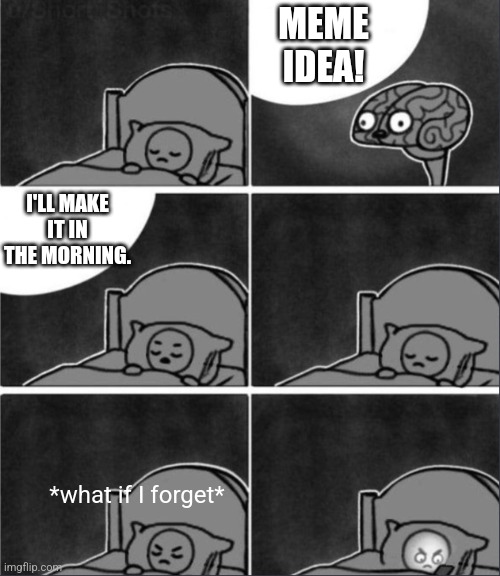 brain sleep phone | MEME IDEA! I'LL MAKE IT IN THE MORNING. *what if I forget* | image tagged in brain sleep phone | made w/ Imgflip meme maker