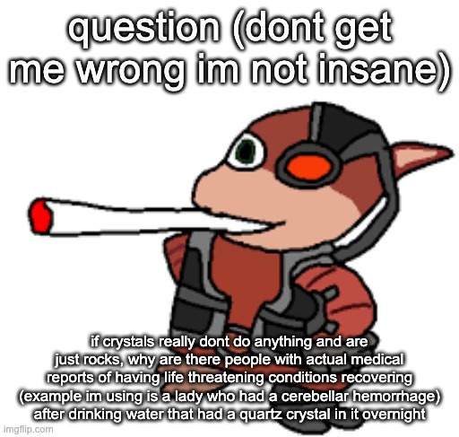 ngl im a skeptic too but still, you dont just magically recover from a hemorrhage in 3 days | question (dont get me wrong im not insane); if crystals really dont do anything and are just rocks, why are there people with actual medical reports of having life threatening conditions recovering (example im using is a lady who had a cerebellar hemorrhage) after drinking water that had a quartz crystal in it overnight | image tagged in grox with a fat blunt | made w/ Imgflip meme maker