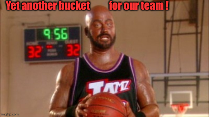 Karl Malone Jimmy Kimmel | Yet another bucket          for our team ! | image tagged in karl malone jimmy kimmel | made w/ Imgflip meme maker