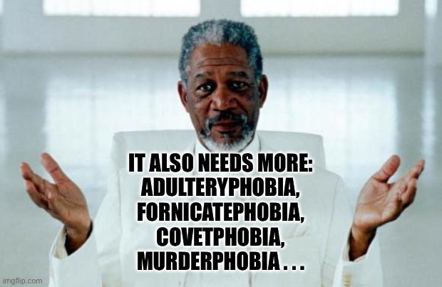 God Morgan Freeman | IT ALSO NEEDS MORE:
ADULTERYPHOBIA,
FORNICATEPHOBIA,
COVETPHOBIA,
MURDERPHOBIA . . . | image tagged in god morgan freeman | made w/ Imgflip meme maker