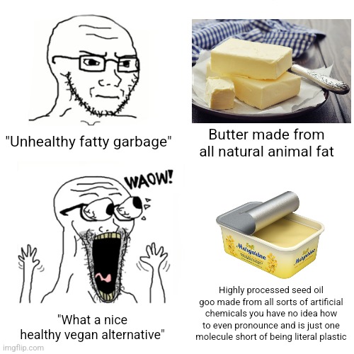 Stop believing the lie that margarine is healthier than butter | Butter made from all natural animal fat; "Unhealthy fatty garbage"; Highly processed seed oil goo made from all sorts of artificial chemicals you have no idea how to even pronounce and is just one molecule short of being literal plastic; "What a nice healthy vegan alternative" | image tagged in waow wojak,food,food memes,eating healthy,health,hypocrisy | made w/ Imgflip meme maker