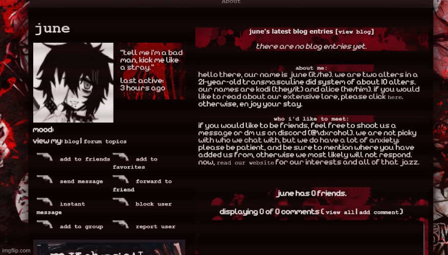 Was browsing on spacehey and I found this cringe ahh profile. "Our"? Like bro you are not more than one person what are you doin | made w/ Imgflip meme maker