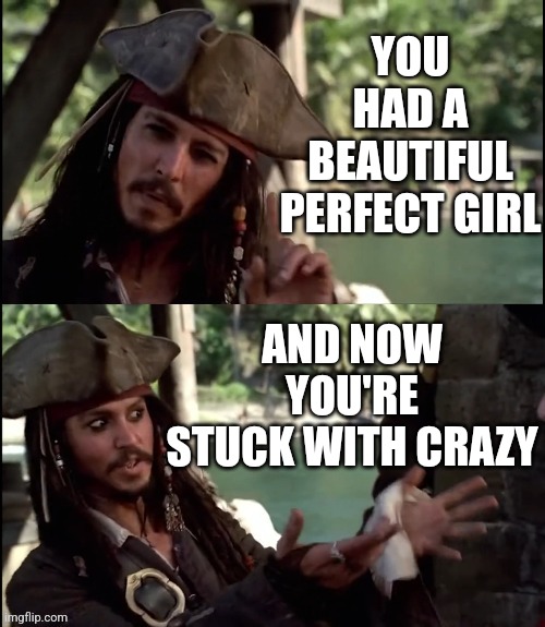 JACK SPARROW I LIKE THIS | YOU HAD A BEAUTIFUL PERFECT GIRL AND NOW YOU'RE STUCK WITH CRAZY | image tagged in jack sparrow i like this | made w/ Imgflip meme maker