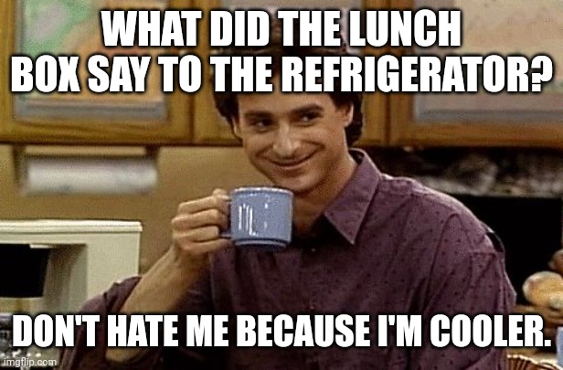 Cool | WHAT DID THE LUNCH BOX SAY TO THE REFRIGERATOR? DON'T HATE ME BECAUSE I'M COOLER. | image tagged in dad joke,memes,dad jokes,dad joke meme | made w/ Imgflip meme maker