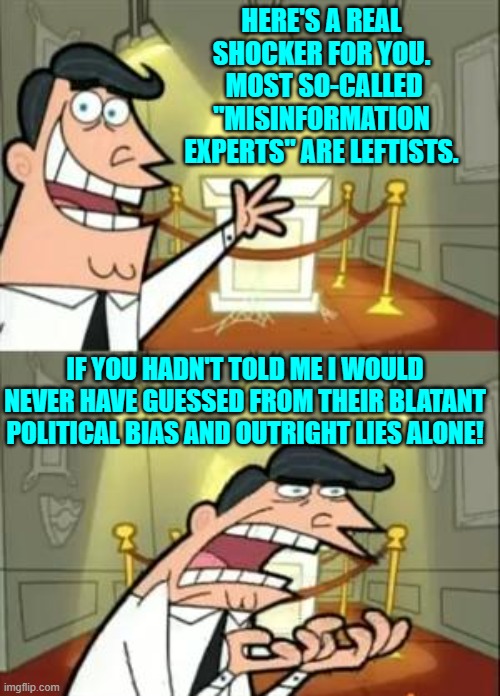 Truly this is shocking information, right? | HERE'S A REAL SHOCKER FOR YOU.  MOST SO-CALLED "MISINFORMATION EXPERTS" ARE LEFTISTS. IF YOU HADN'T TOLD ME I WOULD NEVER HAVE GUESSED FROM THEIR BLATANT POLITICAL BIAS AND OUTRIGHT LIES ALONE! | image tagged in yep | made w/ Imgflip meme maker