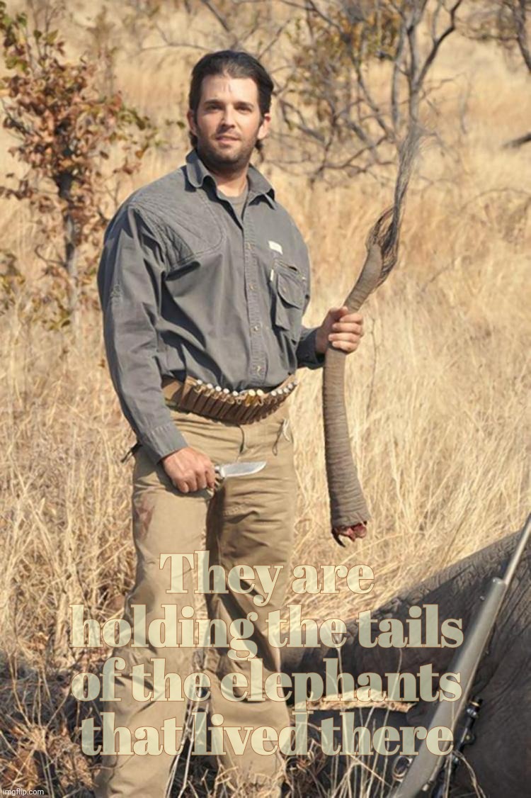 Trump 4 PETA my ass | They are holding the tails of the elephants that lived there | image tagged in donald trump jr elephant tail | made w/ Imgflip meme maker