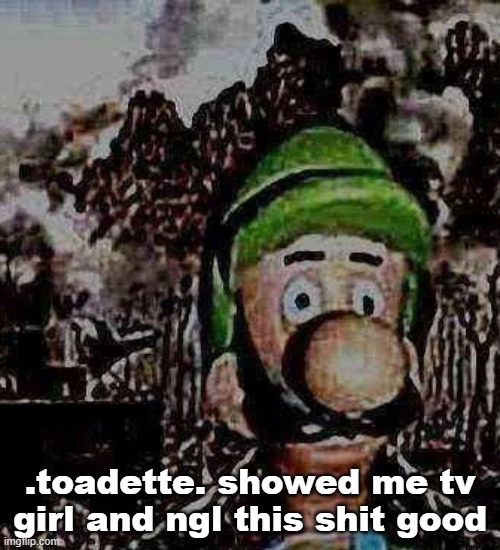 luigi yard stare | .toadette. showed me tv girl and ngl this shit good | image tagged in luigi yard stare | made w/ Imgflip meme maker