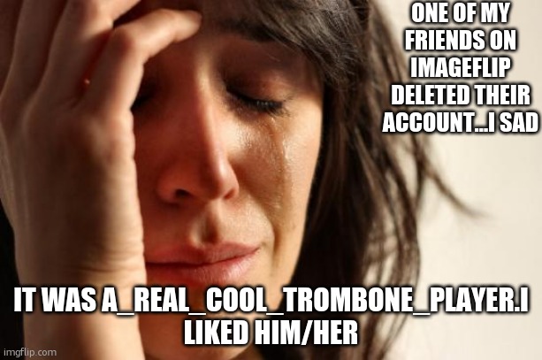 anyone else want to memechat me?put link in comments please. | ONE OF MY FRIENDS ON IMAGEFLIP DELETED THEIR ACCOUNT...I SAD; IT WAS A_REAL_COOL_TROMBONE_PLAYER.I LIKED HIM/HER | image tagged in memes,first world problems | made w/ Imgflip meme maker