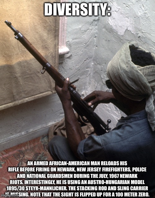 DIVERSITY:; AN ARMED AFRICAN-AMERICAN MAN RELOADS HIS RIFLE BEFORE FIRING ON NEWARK, NEW JERSEY FIREFIGHTERS, POLICE AND NATIONAL GUARDSMEN DURING THE JULY, 1967 NEWARK RIOTS. INTERESTINGLY, HE IS USING AN AUSTRO-HUNGARIAN MODEL 1895/30 STEYR-MANNLICHER. THE STACKING ROD AND SLING CARRIER IS MISSING. NOTE THAT THE SIGHT IS FLIPPED UP FOR A 100 METER ZERO. | made w/ Imgflip meme maker