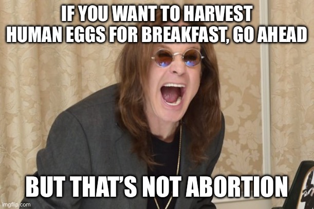 Ozzy Osbourne Yell | IF YOU WANT TO HARVEST HUMAN EGGS FOR BREAKFAST, GO AHEAD BUT THAT’S NOT ABORTION | image tagged in ozzy osbourne yell | made w/ Imgflip meme maker