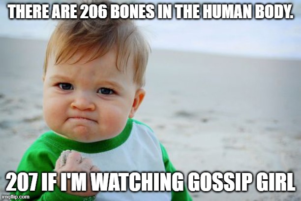 deadpool funny as shit | THERE ARE 206 BONES IN THE HUMAN BODY. 207 IF I'M WATCHING GOSSIP GIRL | image tagged in memes,success kid original | made w/ Imgflip meme maker