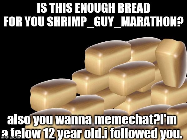 breaaaaaaaaad. | IS THIS ENOUGH BREAD FOR YOU SHRIMP_GUY_MARATHON? also you wanna memechat?I'm a felow 12 year old.i followed you. | image tagged in bread,tf2 | made w/ Imgflip meme maker