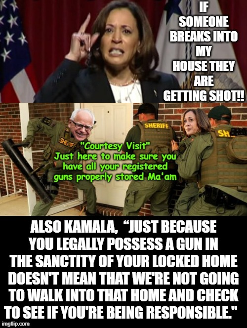 Kamala, her house you are getting shot! Your house, I am checking your guns! | IF SOMEONE BREAKS INTO MY HOUSE THEY ARE GETTING SHOT!! ALSO KAMALA,  “JUST BECAUSE YOU LEGALLY POSSESS A GUN IN THE SANCTITY OF YOUR LOCKED HOME DOESN'T MEAN THAT WE'RE NOT GOING TO WALK INTO THAT HOME AND CHECK TO SEE IF YOU'RE BEING RESPONSIBLE." | image tagged in sam elliott special kind of stupid | made w/ Imgflip meme maker