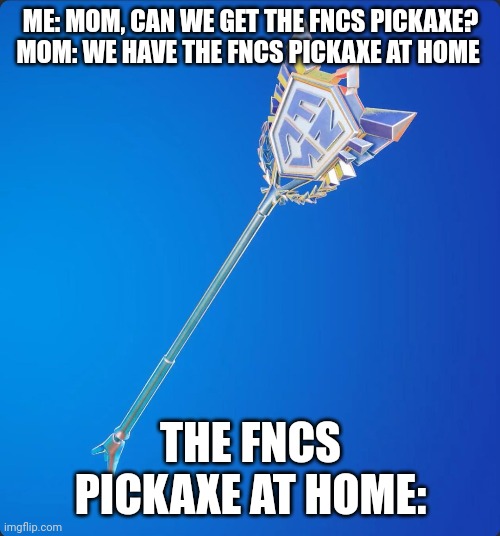 Everything Has a Cheap Copy | ME: MOM, CAN WE GET THE FNCS PICKAXE?

MOM: WE HAVE THE FNCS PICKAXE AT HOME; THE FNCS PICKAXE AT HOME: | image tagged in fortnite,memes | made w/ Imgflip meme maker