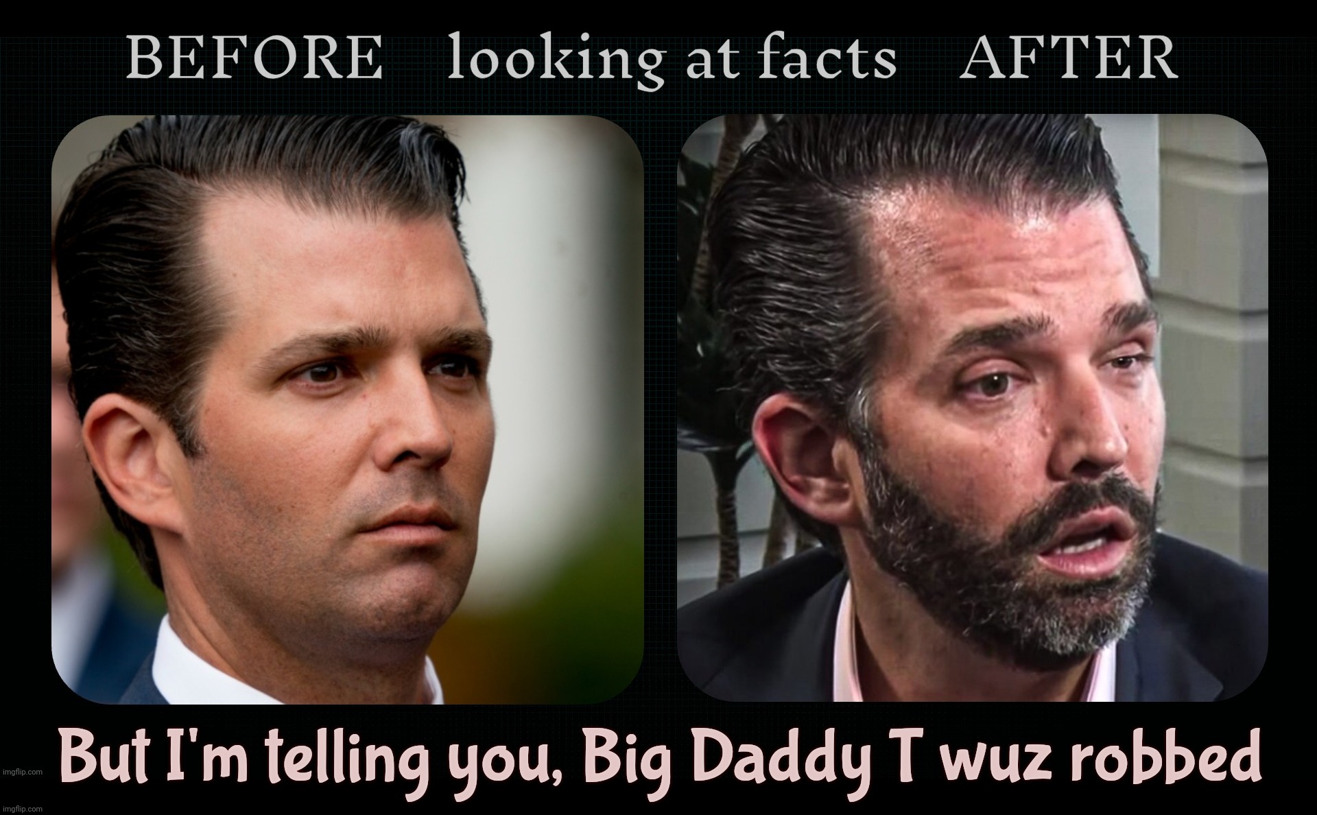 Donald Trump Jr is distraught | BEFORE    looking at facts    AFTER; But I'm telling you, Big Daddy T wuz robbed | image tagged in donald trump jr before and after,donald trump jr,allergies,not coked up,trump wuz robbed,heir to the thrown | made w/ Imgflip meme maker