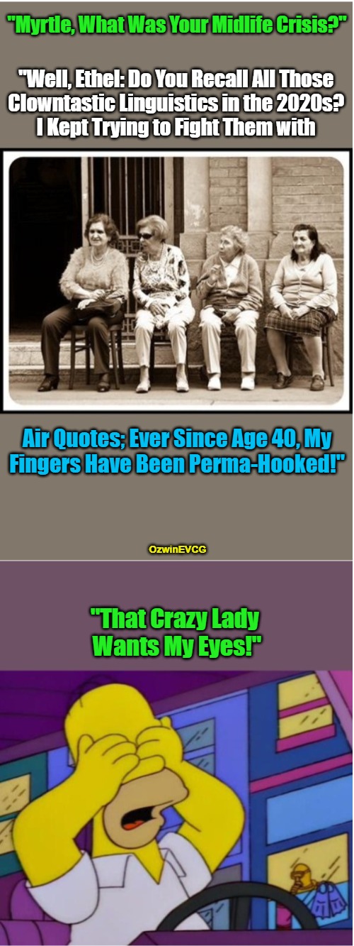 Clownish Arthritis | "Myrtle, What Was Your Midlife Crisis?"; "Well, Ethel: Do You Recall All Those 

Clowntastic Linguistics in the 2020s? 

I Kept Trying to Fight Them with; Air Quotes; Ever Since Age 40, My

Fingers Have Been Perma-Hooked!"; OzwinEVCG; "That Crazy Lady 

Wants My Eyes!" | image tagged in sitting old ladies talking,memories,struggles,you keep using that word,clown world,illegal homer | made w/ Imgflip meme maker