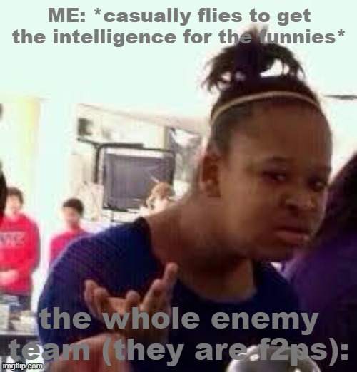 this is why i never join f2p servers | ME: *casually flies to get the intelligence for the funnies*; the whole enemy team (they are f2ps): | image tagged in bruh | made w/ Imgflip meme maker