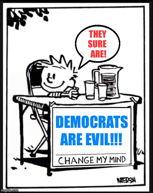 Change my Mind Calvin | THEY
SURE
ARE! ARE EVIL!!! DEMOCRATS | image tagged in change my mind calvin | made w/ Imgflip meme maker