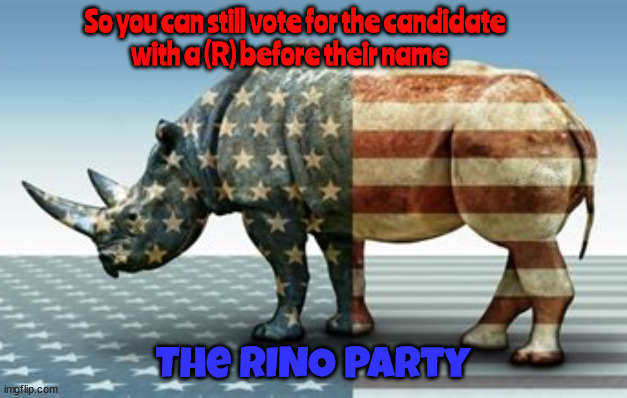 The New RINO replacement party for RED state conservatives | So you can still vote for the candidate                    with a (R) before their name; The RINO Party | image tagged in the new rino replacement party for red sates consevatives,rino party,trump cult doa nov 5th,maga mias,no more gop | made w/ Imgflip meme maker