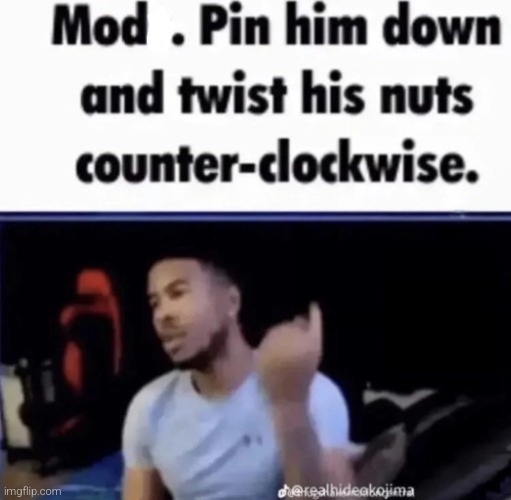 Mods. Pin him down and twist his nuts counter-clockwise. | image tagged in mods pin him down and twist his nuts counter-clockwise | made w/ Imgflip meme maker