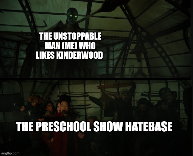 Shrike VS The Ruah Shan Shooter | THE UNSTOPPABLE MAN (ME) WHO LIKES KINDERWOOD; THE PRESCHOOL SHOW HATEBASE | image tagged in shrike vs the ruah shan shooter,mortal engines,meme,kinderwood,preschool show hatebase,battle | made w/ Imgflip meme maker