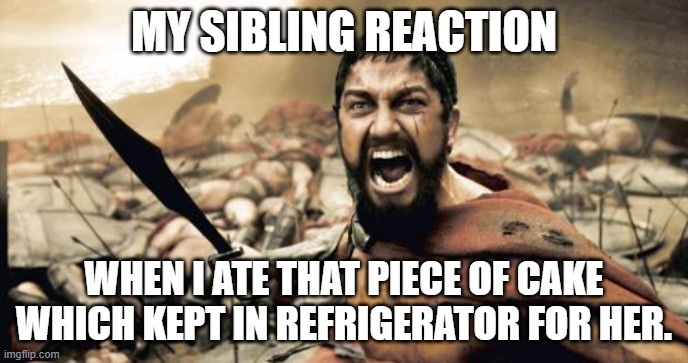 Sparta Leonidas Meme | MY SIBLING REACTION; WHEN I ATE THAT PIECE OF CAKE WHICH KEPT IN REFRIGERATOR FOR HER. | image tagged in memes,sparta leonidas | made w/ Imgflip meme maker