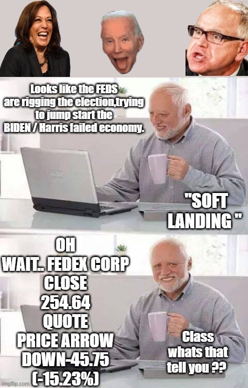 Seems the FED wants Kamala in so they can continue destroying your lives. | Looks like the FEDS are rigging the election,trying to jump start the BIDEN / Harris failed economy. OH WAIT.. FEDEX CORP
CLOSE
254.64
QUOTE PRICE ARROW DOWN-45.75 (-15.23%); "SOFT LANDING "; Class whats that tell you ?? | image tagged in memes,hide the pain harold | made w/ Imgflip meme maker