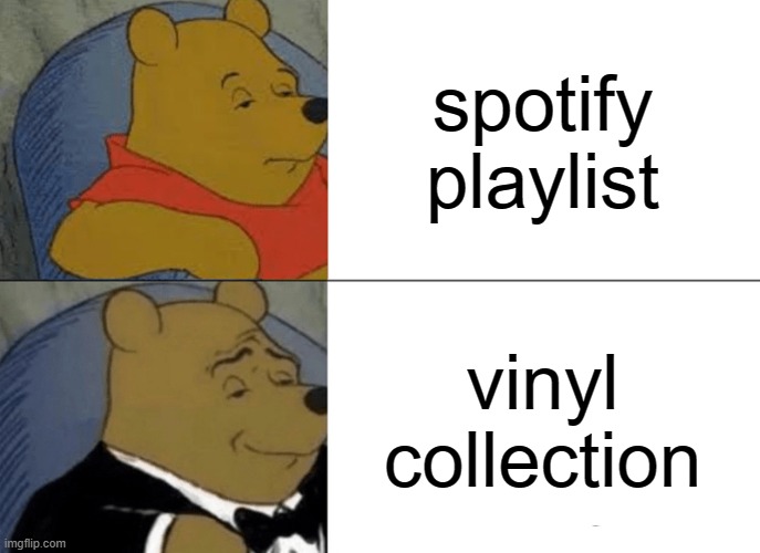 vinyl collection | spotify playlist; vinyl collection | image tagged in memes,tuxedo winnie the pooh,music,vinyl | made w/ Imgflip meme maker