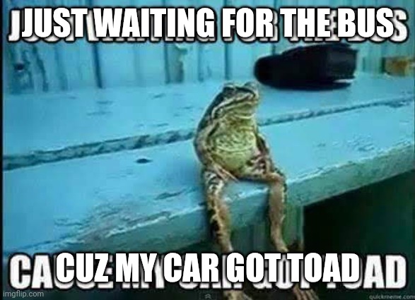 Waiting Frog | JUST WAITING FOR THE BUS; CUZ MY CAR GOT TOAD | image tagged in waiting frog | made w/ Imgflip meme maker